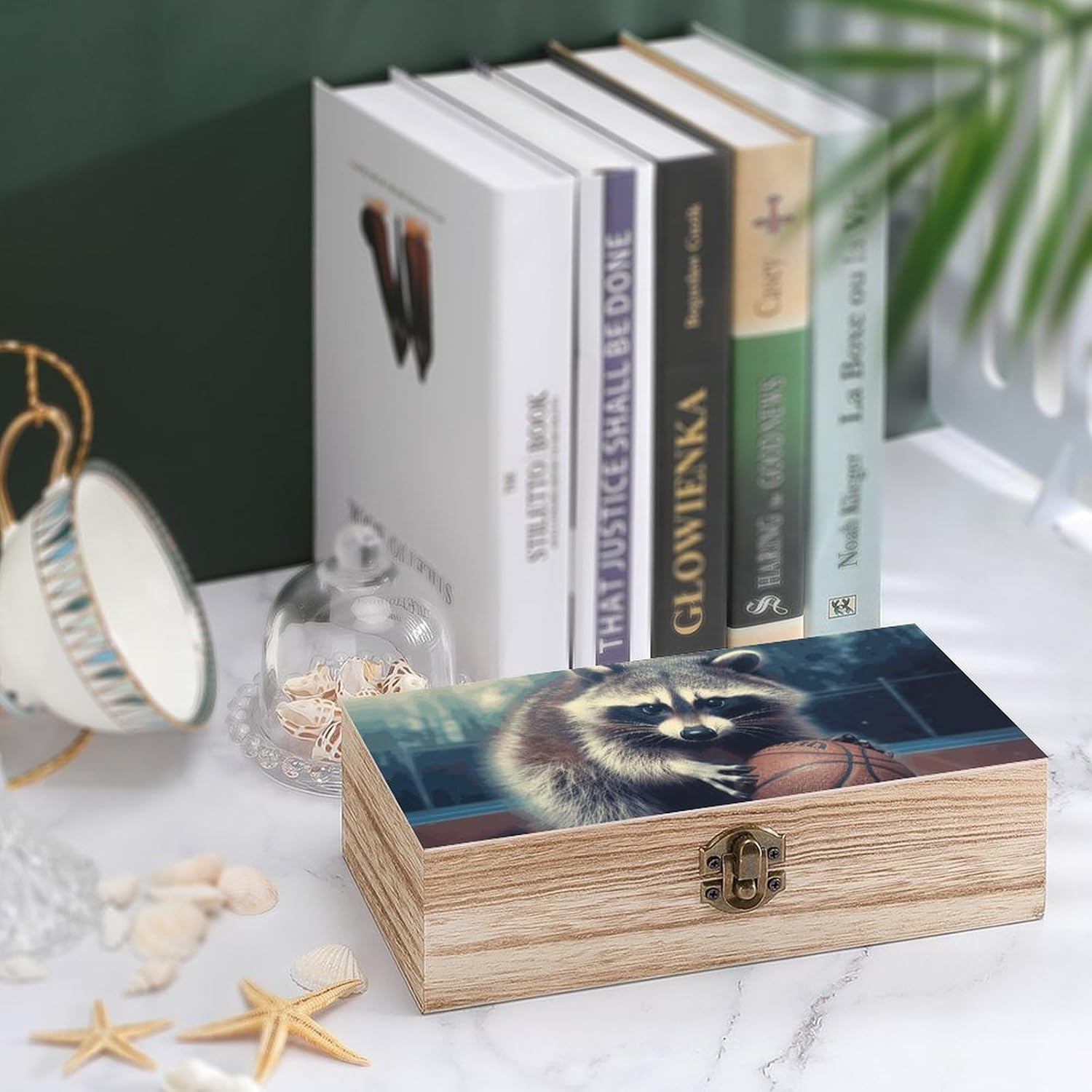 Storage Box Wooden Decorative Box Keepsake Boxes with Hinged Lock Funny Raccoon Basketball Storage Bins Jewelry Storage Chest Storage Container for Organize Keepsake Gift image 4