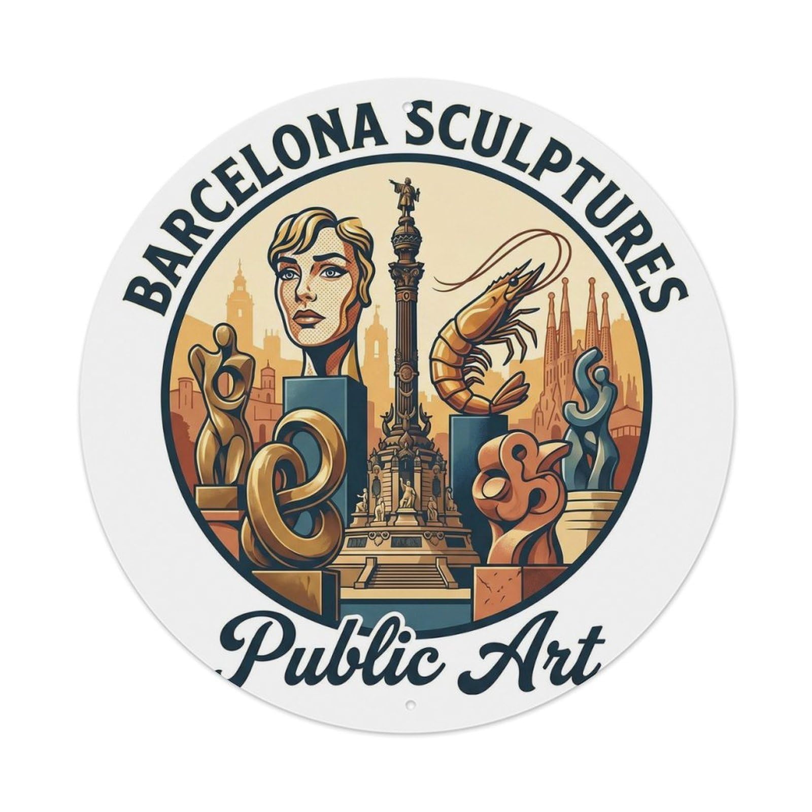 Retro Barcelona Catalan Sculpture Monument Landmark Culture Metal Tin Sign Plaque Wall Decor for Cafe, Man Cave, Club Bar, Office, Home Garden Round Metal Poster 8x8Inch