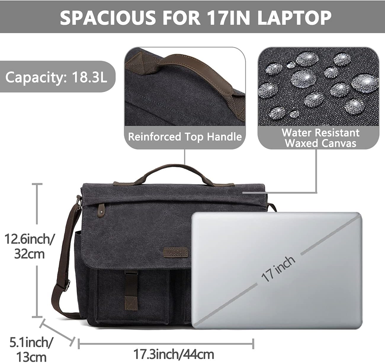 17inch Laptop Messenger Bag, VASCHY Men's Vintage Water Resistant Canvas Satchel Briefcase Shoulder Bag for Work School with Padded Shoulder Strap Gray : Electronics