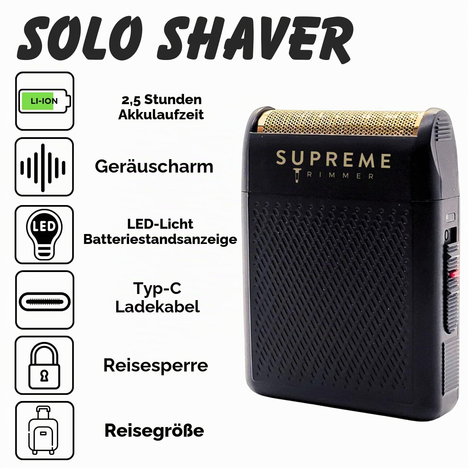 Supreme Trimmer Solo STF101 Herren-Einzelfolienrasierer (150 Minuten Laufzeit), kabellos, leistungsstark, USB-C-Mini-Größe, Reiserasierer für Friseure und Zuhause, Schwarz (Schwarz)