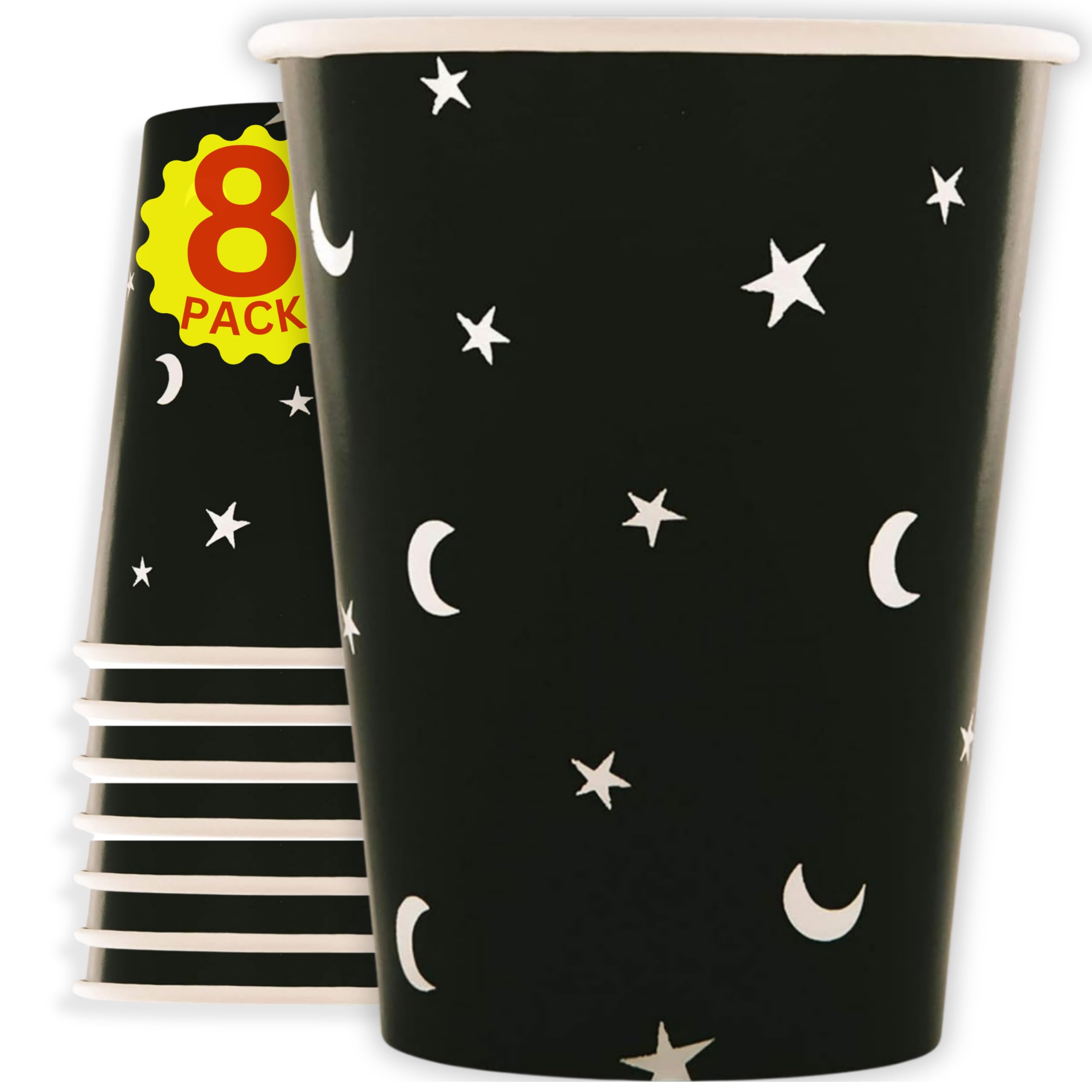 Iron LilyMoon & Star Party Cups, 270 ml Disposable Paper Thick Sturdy Recyclable Party Supplies for Birthday Baby Shower Wedding Party 350gsm, Set of 8