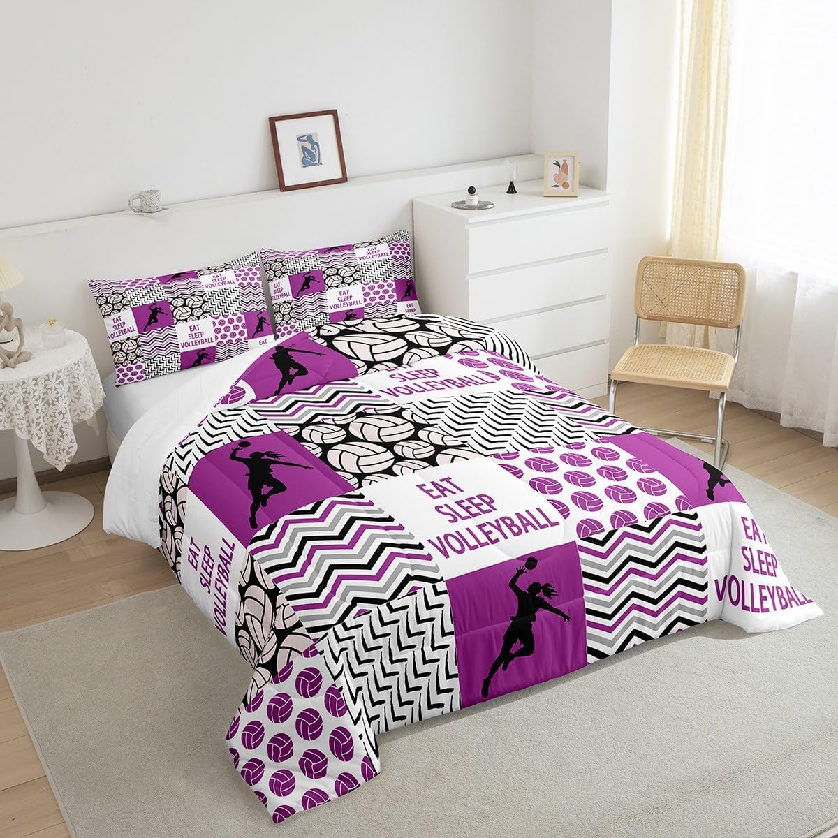 Feelyou Volleyball Comforter Twin Size with 1 Pillow Case Girls Volleyball Comforter Set Sport Game Bedding Set Ball Purple Quilted Duvet Set for Boys Girls Kids Adults