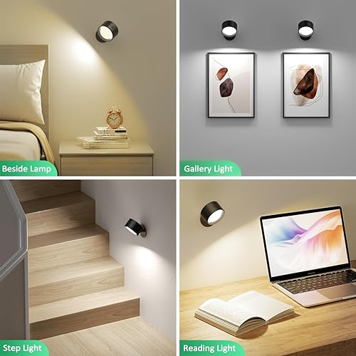 Miniatura 2 de Lightbiz Luces LED de lectura montadas en la pared, paquete de 2 con control remoto, lámpara de pared de 2000 mAh recargable, funciona con batería,