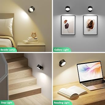 Lightbiz LED Wall Mounted Lights 2 Pcs with Remote, Wall Sconces Lamp 3000mAh Rechargeable Battery Operated, 3 Color Temperatures & Dimmable Magnetic 360 Rotation Cordless Light for Bedroom Bedside