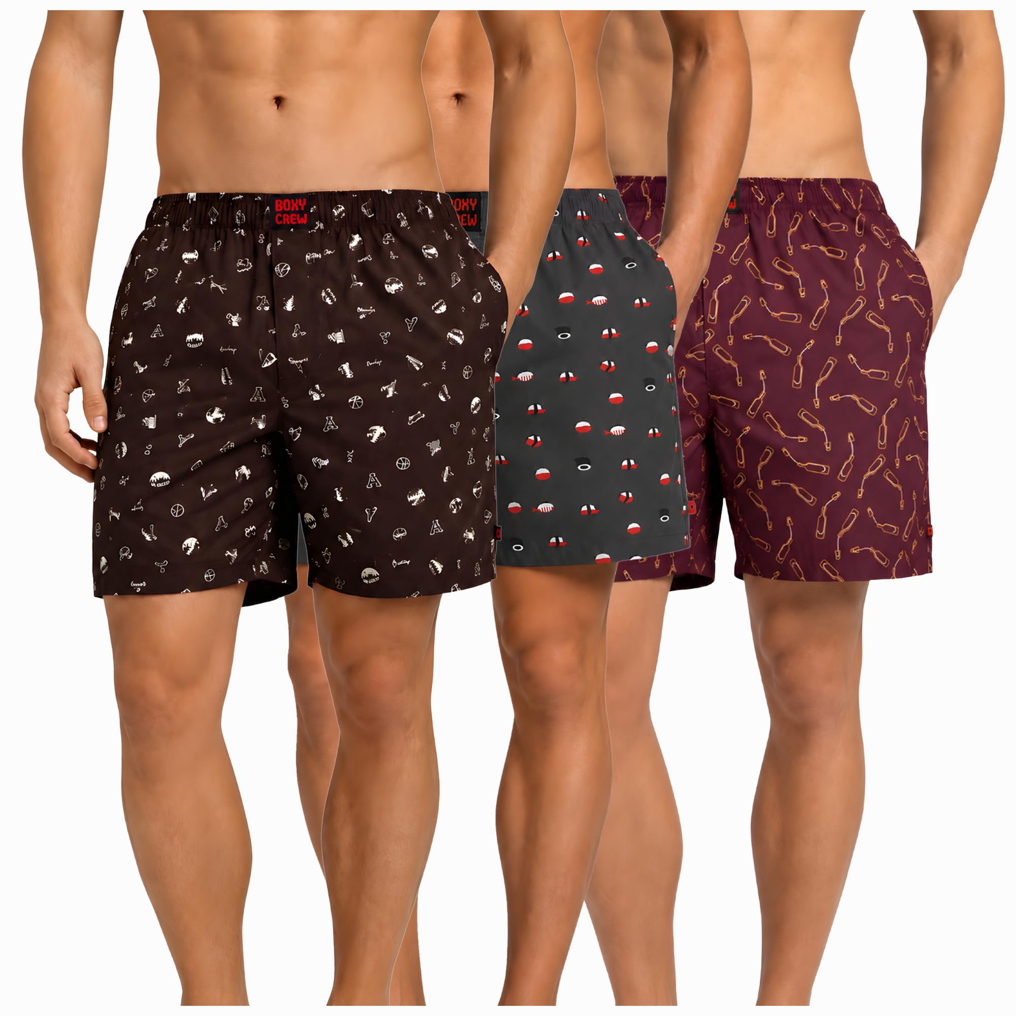 Men's 100% Cotton Boxer Shorts Pack of 3, Brown, Charcoal & Maroon | Woven Boxers with Side Pockets, No-Marks Elastic Waistband, Breathable Relaxed Fit | Style 005-012-014-image-36