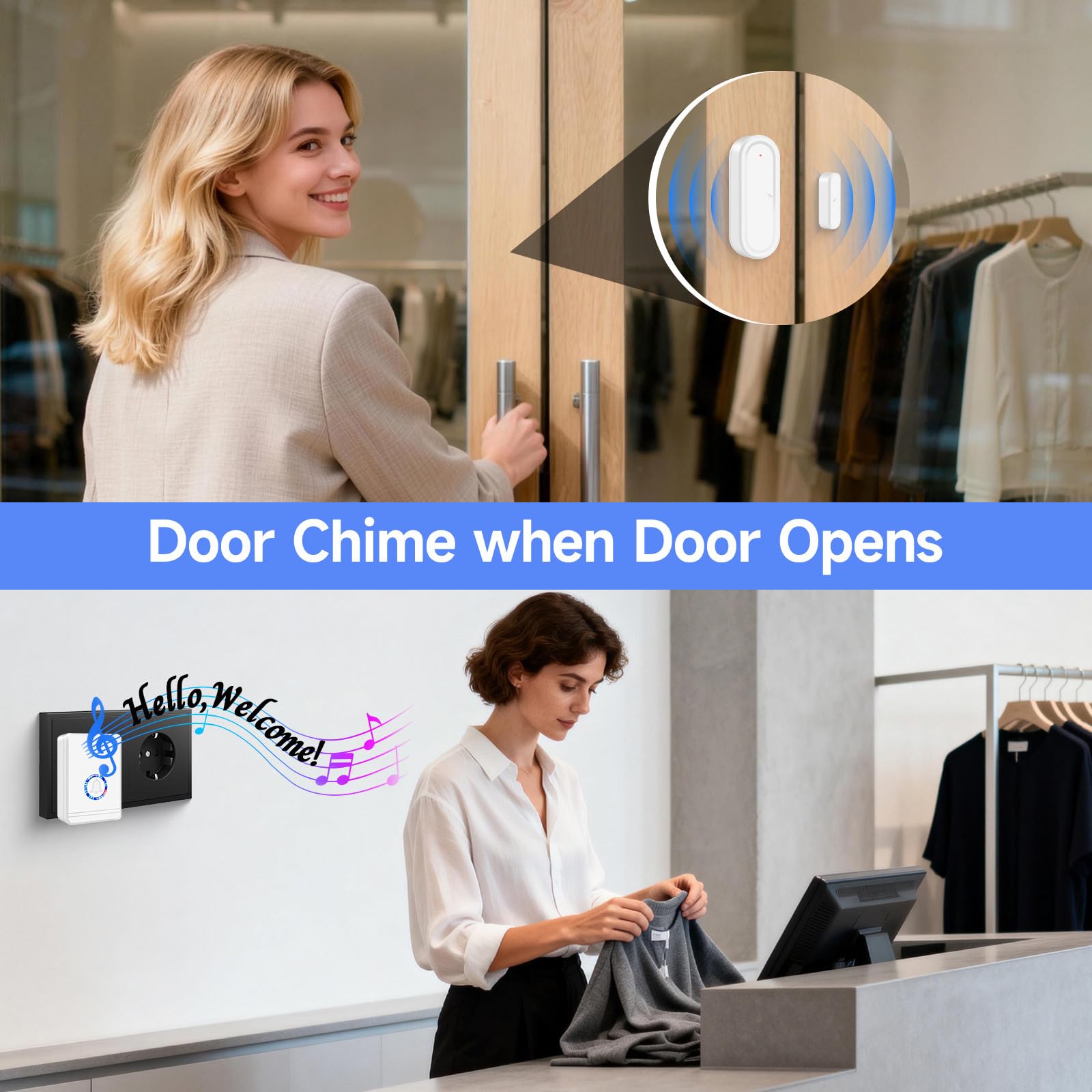 NineLeaf - Detector de apertura de puerta, alarma de puerta y ventana, Ring Chime con receptores de enchufe eléctrico, alcance de funcionamiento 600 pies para el hogar corporativo tienda, 3