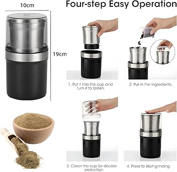 Electric Spice Blender, 200W Electric Dry Grinder with 2 Removable Stainless Steel Bowls for Dry or Wet Grinding Coffee Bean, Spices, Herbs, Nuts, Grains, Seeds(2 Bowls)