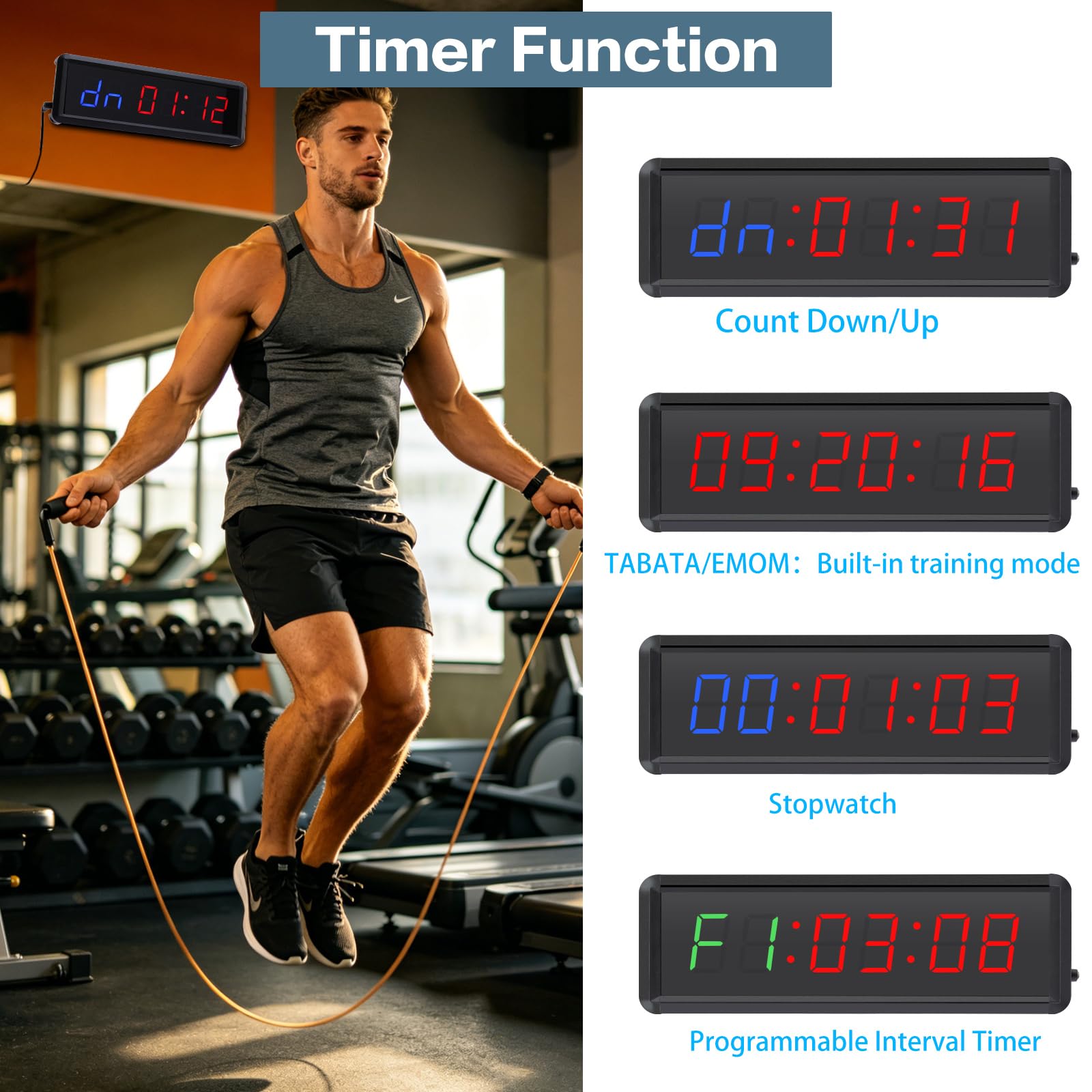Timer avec Bouton Minuteur Fitness Sport de Gym D'intervalle | Count Up, Count Down, Horloge, Chronomètre, TABATA, FGB