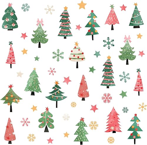 Calcomanías de pared para árbol de Navidad, calcomanías de pared coloridas con copos de nieve, estrella, despegar y pegar, calcomanías de pared de