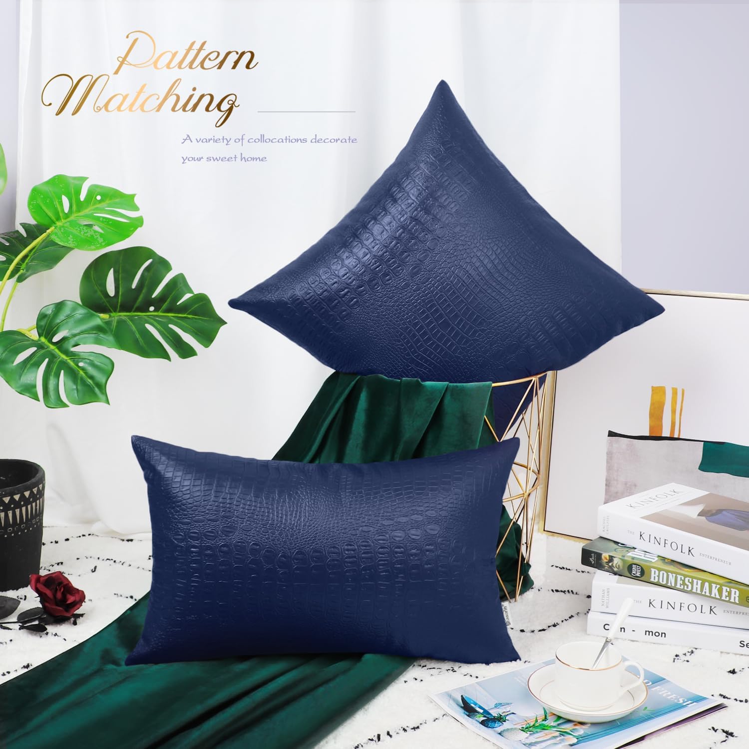 BRAWARM Faux Leather Pillow Covers 22 X 22 Inches, Navy Blue Leather Pillow Covers Pack of 2, Crocodile Leather Decorative Throw Pillows for Living Room Couch Bed Sofa Home