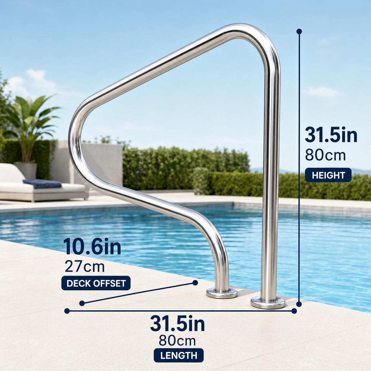 Main courante de piscine en acier inoxydable 316, épaisseur 0,15 cm, argent