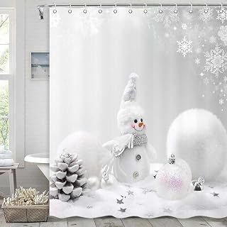 Winter Christmas Shower Curtain, Snowman Snowflake Grey Bathroom Curtains Set with Hooks, Holiday Home Decor Fabric Shower Curtains, 72x72 Inches