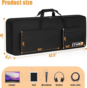 Padded 8mm Shockproof 61 Keys Keyboard Case Electric Piano Keyboard Gig Bag Well Protection with Adjustable Straps and 4-Pocket for Keyboard Accessaries, Black(Interior Size:40.615.75)