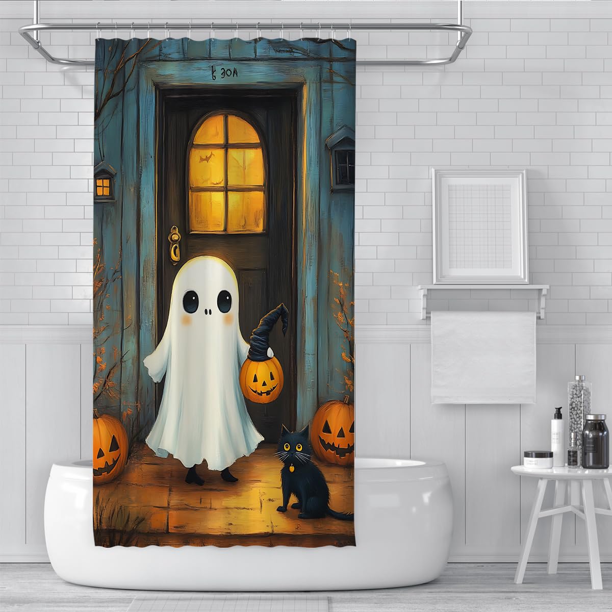 Zestaw zasłon prysznicowych z dyni Halloween duch Fall Farmhouse Zasłony prysznicowe Wodoodporne zasłony z tkaniny poliestrowej do łazienki z haczykami 150 x 200 cm