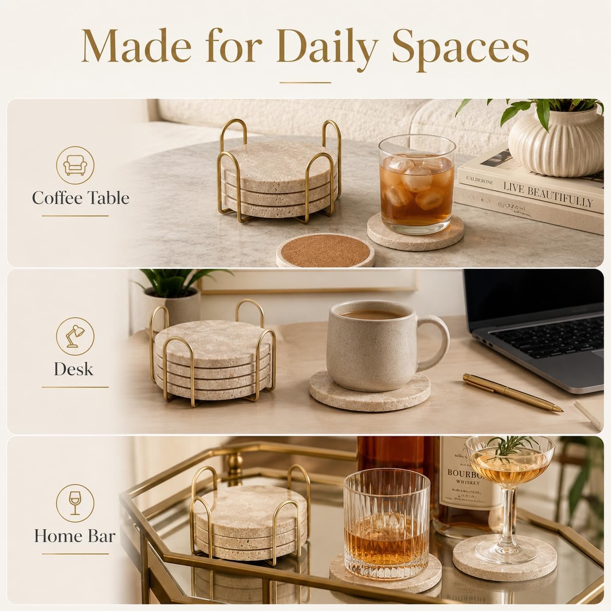 Travertine Coasters with Gold Holder, Set of 4 Natural Stone, Cork Backing