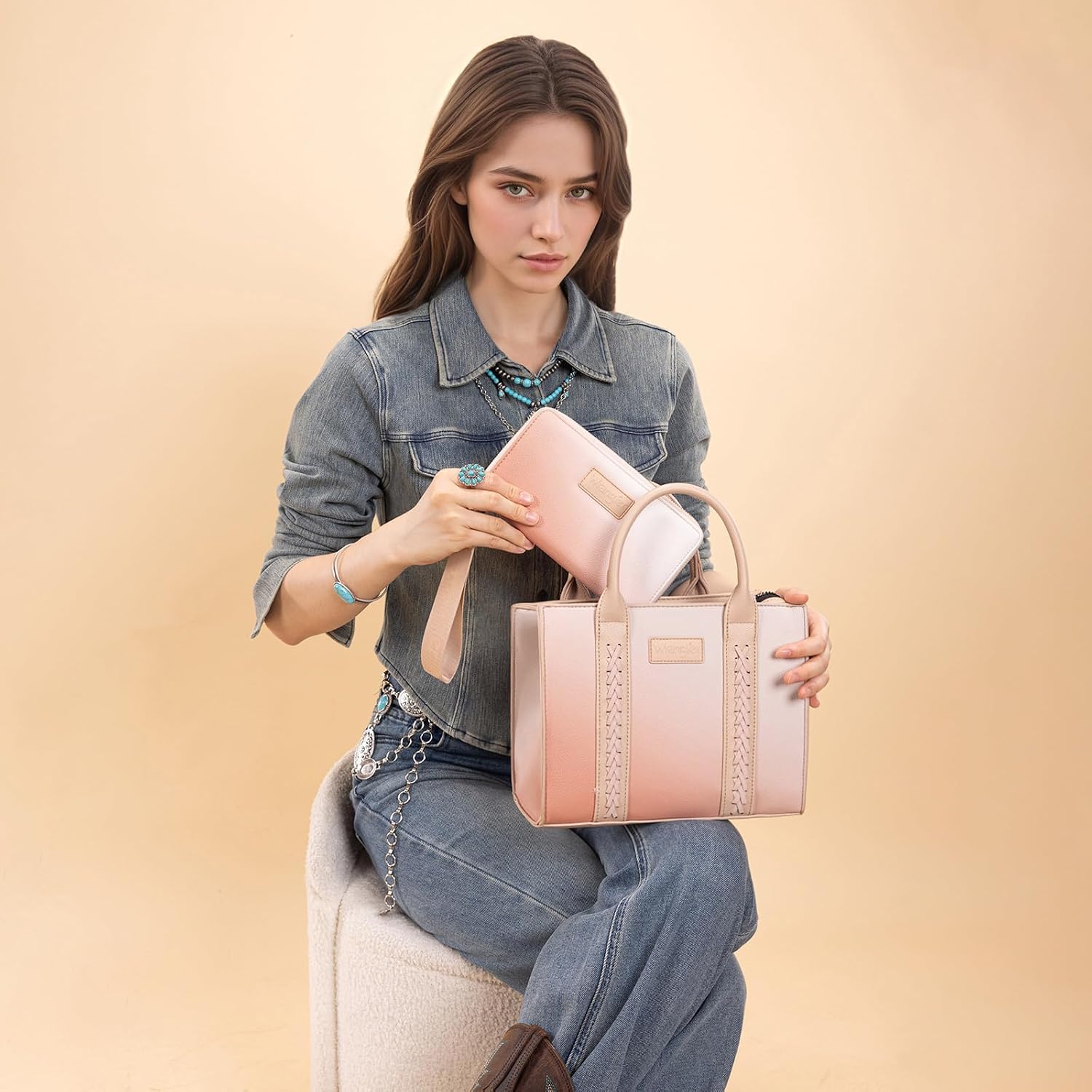 Montana West Wrangler Tote Bag and Large Wristlet Wallets Set for Women