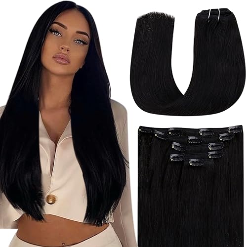 LaaVoo Clip in Hair Extensions Human Hair Black Women Hair Extensions Clip ins Remy Hair Natural Clip in Hair Extensions Real Human Hair Straight For Short Hair Color #1 5pcs 80G 12 inch