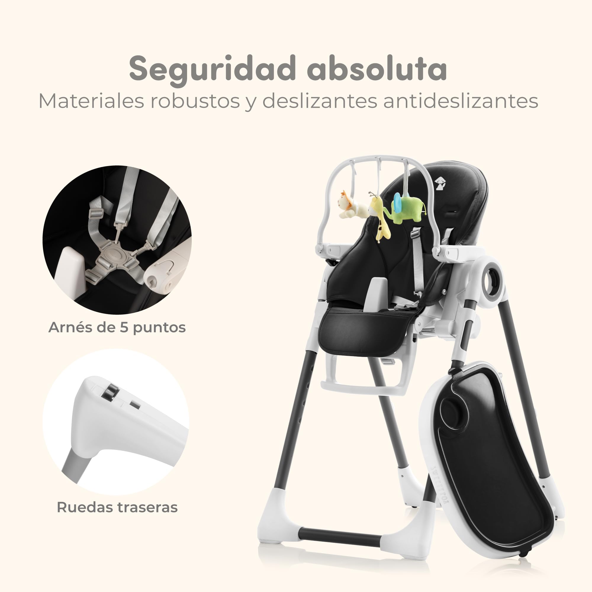 Sweety Fox Tronas de Bebe Evolutiva - Respaldo para Niño Reclinable 5 Posiciones - Trona Portatil Bebe 7 Alturas Diferentes - Trona Bebe - Negro