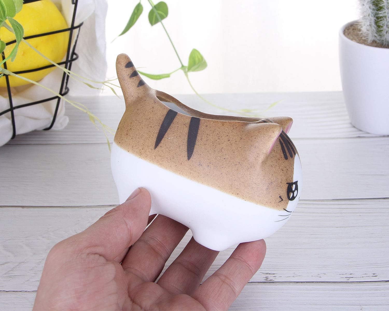 VanEnjoy 4.7 inch Large Version Cat Succlent Pots Cat Pot, with Drainage Hole, Flower Pot, Handmade Ceramic Ornaments Cat Gifts for Cat Lovers Office