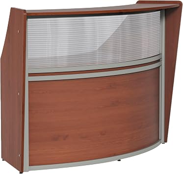 Linea Italia ZUC310 Curved Office Reception Desk with Clear Panel | Easy to Assembly Single Unit Reception Desk Counter for Lobby, Salon, 69.5" x 31.9", Cherry