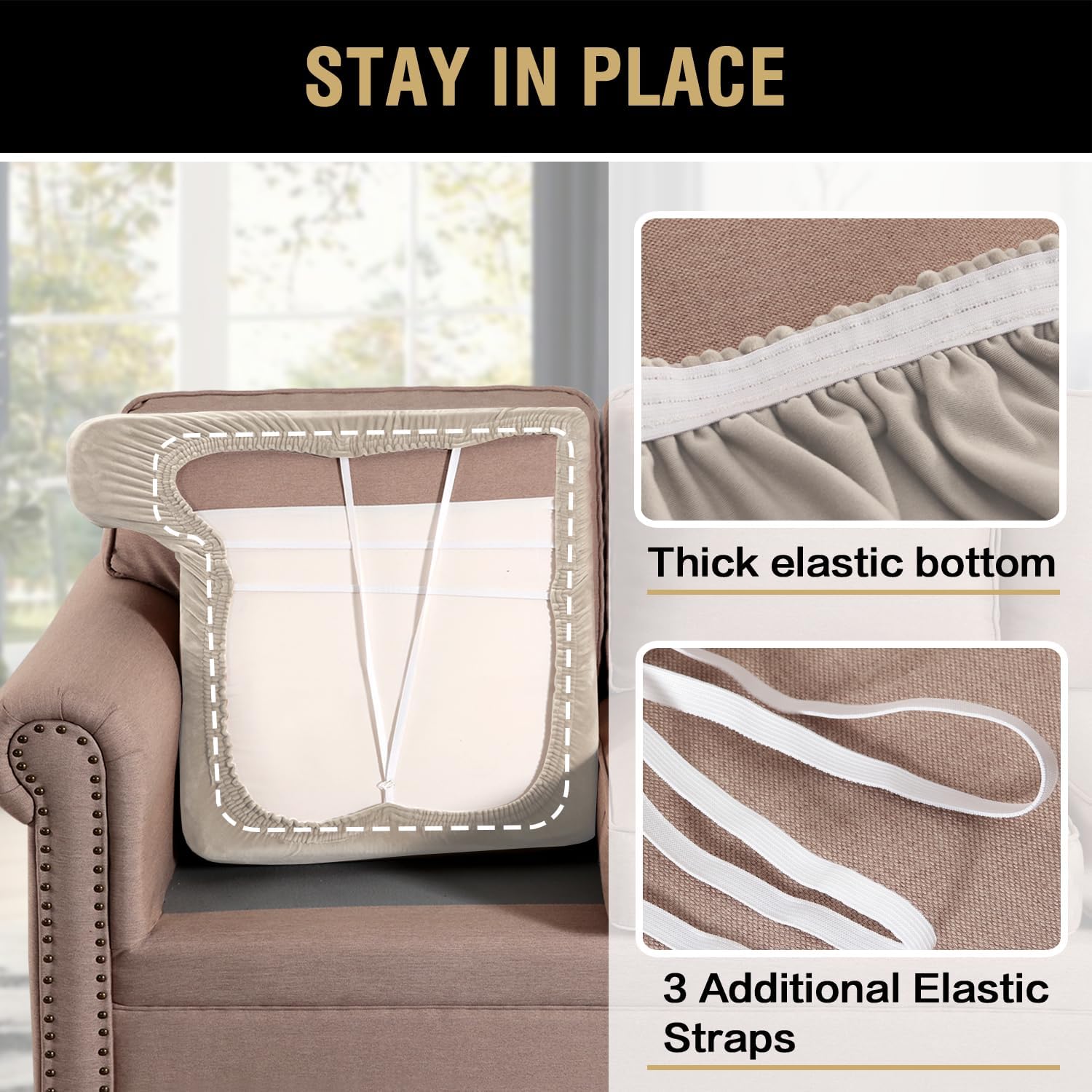 H.VERSAILTEX Stretch Velvet 2 Piece T Cushion Sofa Slipcovers for Living Room Individually Sofa Covers for 2 Cushion Seat Cushion Covers Stay with Elastic Bands (Sofa, French Oak)