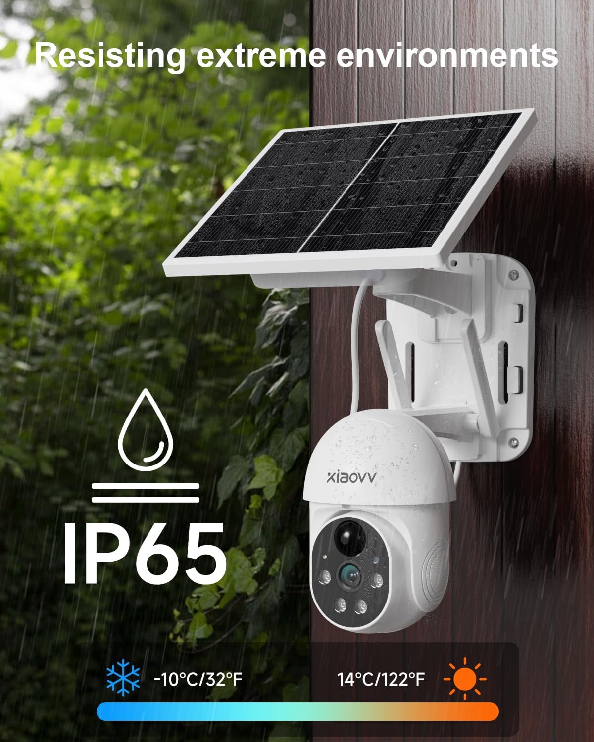 XIAOVV Solar Camera mounted outdoors, showing IP65 weatherproof rating and temperature range
