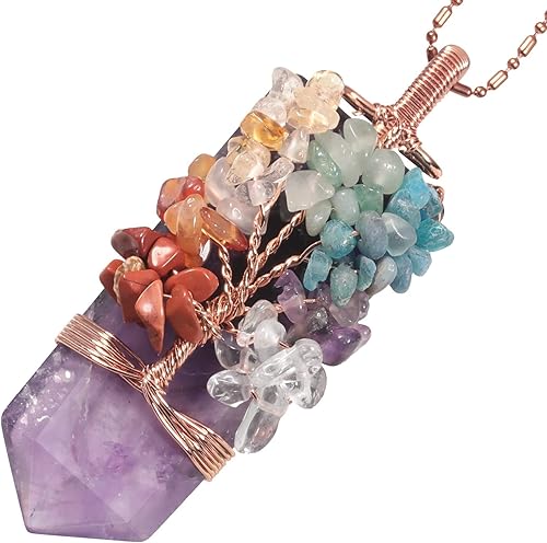 Nupuyai Collar con colgante de piedra de cristal de 7 chakras hecho a mano para mujer, piedras curativas rodadas de cuarzo con cadena