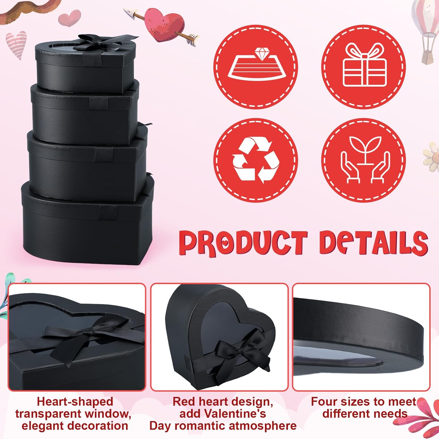 4 Pcs Valentine Flower Boxes Heart Shaped Boxes Floral Gift Box Assorted Sizes with Transparent Window Lids and Ribbons for Luxury Flower Gift Arrangements Wedding(Black) - Image 3