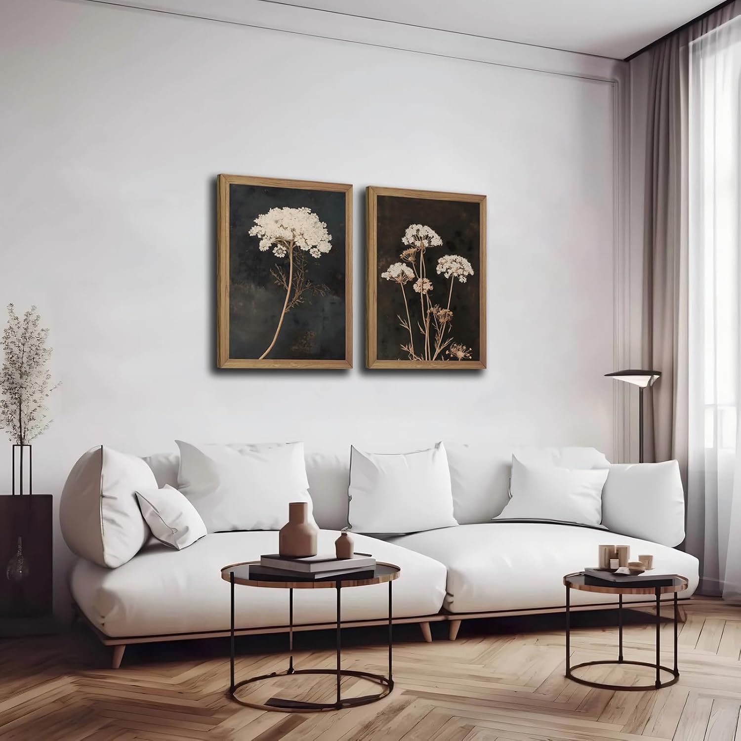 2Pcs Framed Moody Botanical Wall Art with Wood Frame Vintage Queen Anne’s Lace Flower Canvas Paintings Rustic Floral Poster Picture Prints Decor for Farmhouse Living Roomor Bedroom16X24In Moody Floral 2pcs 16x24 Inches