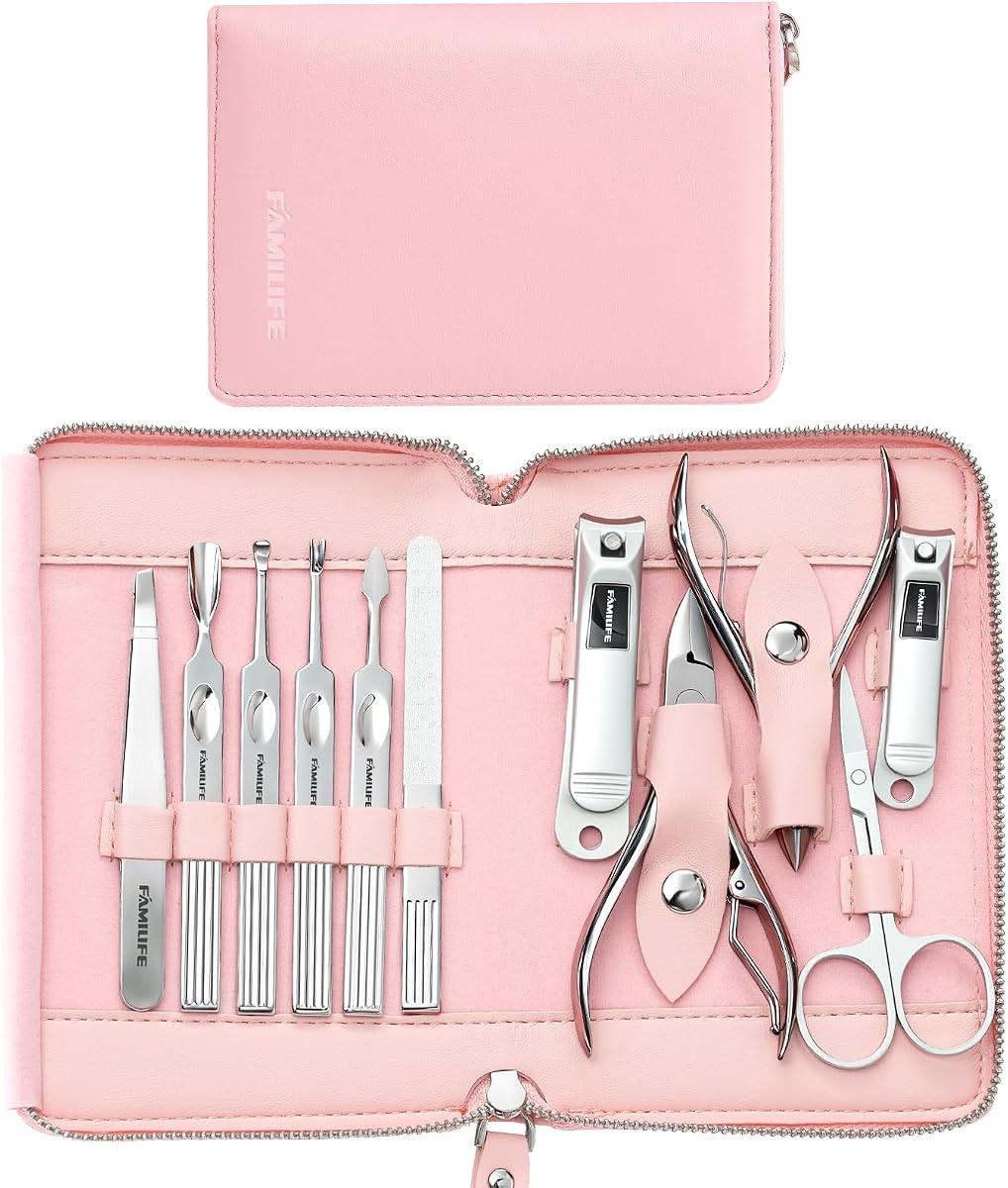 Stainless Steel Manicure Set 11-in-1 Professional Nail Clipper Kit | Portable Leather Travel Case, Pedicure & Grooming Tools for Fingernails & Toenails, Luxury Gifts Set for Men & Women, Pink