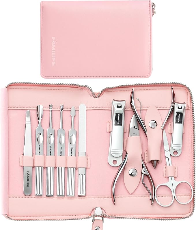 Stainless Steel Manicure Set 11-in-1 Professional Nail Clipper Kit | Portable Leather Travel Case, Pedicure & Grooming Tools for Fingernails & Toenails, Luxury Gifts Set for Men & Women, Pink
