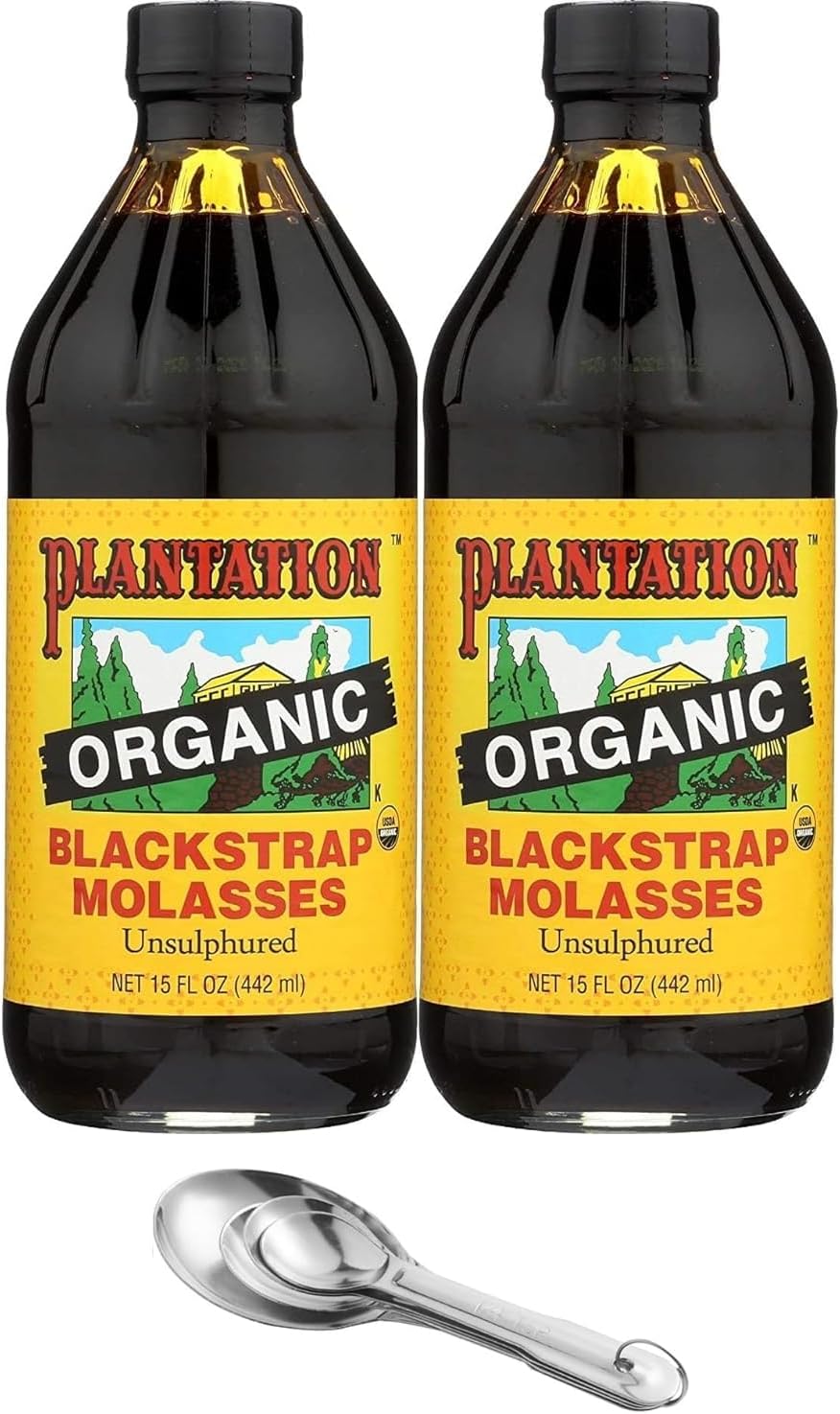 ONDAGO Plantation Blackstrap Molasses, Organic, 15 oz | 2 Pack | Bundled with Ondago Measuring Spoons