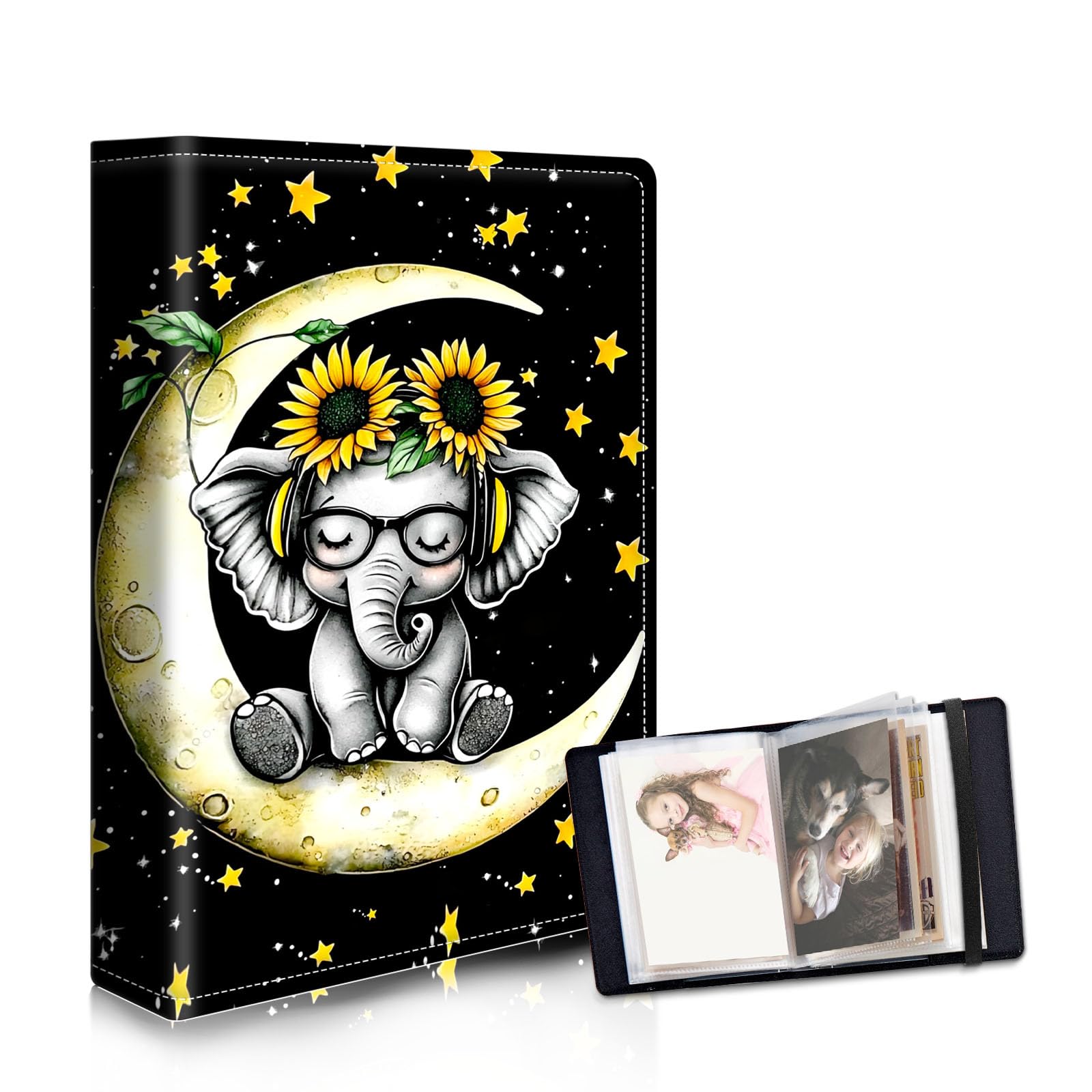 DISUOFEART Photo Albums 4x6 Pictures, Large Capacity Leather Cover Photo Book with Clear Pockets, Cute Elephant with Sunflowers Family Picture Album for Wedding Anniversary Baby Travel