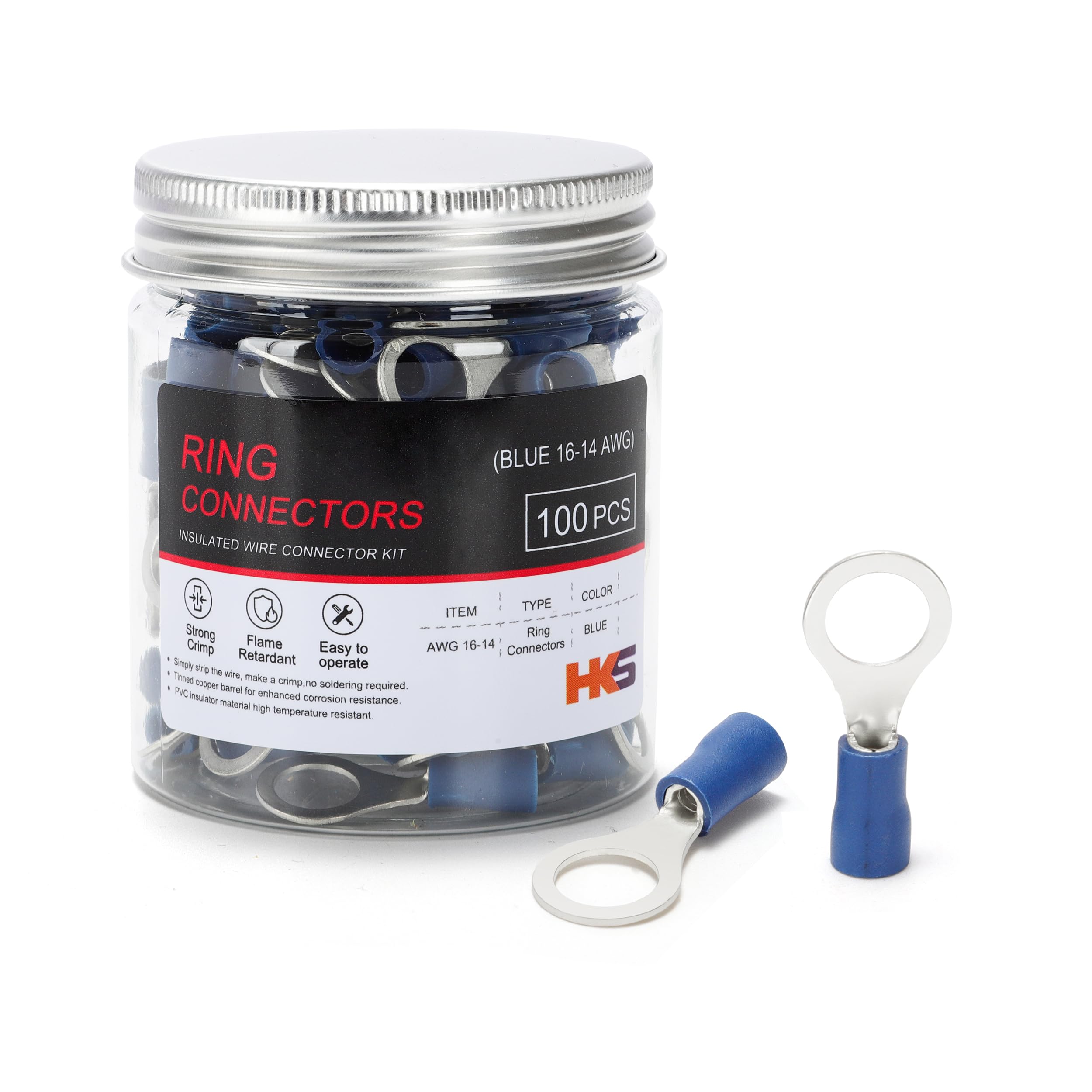 HKS 100PCS Insulated Ring Terminal 5/16" Blue 16-14 AWG - M8 - Tinned Red Copper - Electrical Wire Connector Kit Crimp PVC
