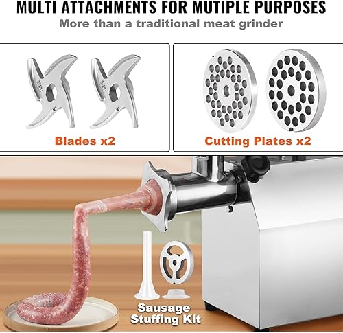 Miniatura 4 de VEVOR Picadora de carne eléctrica, 5.95 librasminuto, 650 W (3800 W máximo), picadora industrial de carne de acero inoxidable 304 con 3 placas de