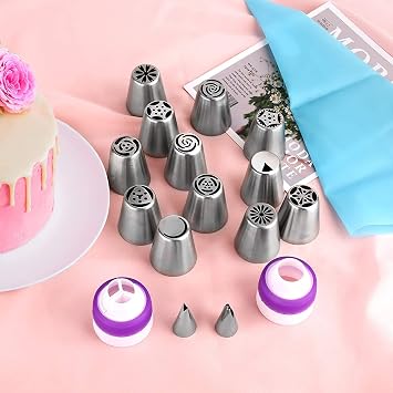 27pcs Russian Piping Tips Set Cake Decorating Supplies Kit Including 12 Cupcake Flower Frosting Nozzles Icing Dispensers Leaf Tips 2 Coupler 11 Piping Pastry Bags