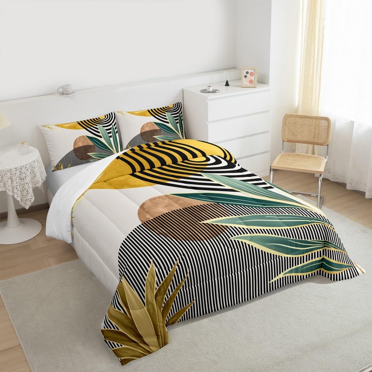 Erosebridal Mid Century Bedding Set Queen Size Contemporary Bohemian Comforter Set,Modern Abstract Stripes Bedding Comforter Sets Geometric Retro Minimalism Quilt for Boys Girls,Yellow