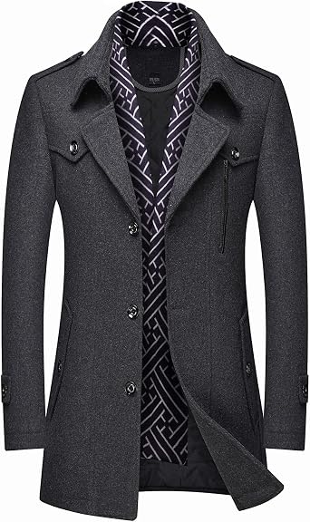 FTIMILD Mens Wool Blend Coat with Detachable Scarfs Notched Collar Single Breasted Pea Coa