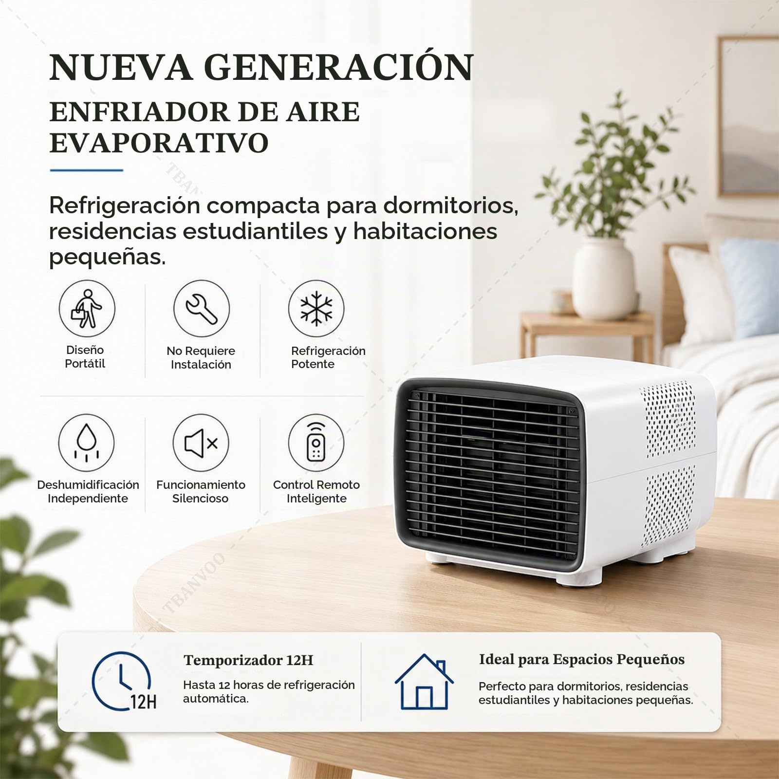 3000BTU Aire Acondicionado Portátil, 280W Bajo Consumo, Enfría, Ventila y Deshumidifica, Pantalla Táctil Inalámbrica, Ultra-Silencioso para Caravana, Camping y Estudio de Cocina