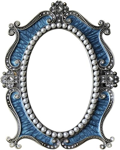 Nerien Espejo de mesa vintage, soporte de maquillaje decorativo ovalado de metal, cosmético de mesa antiguo, encimera de coqueta para el hogar, Azul