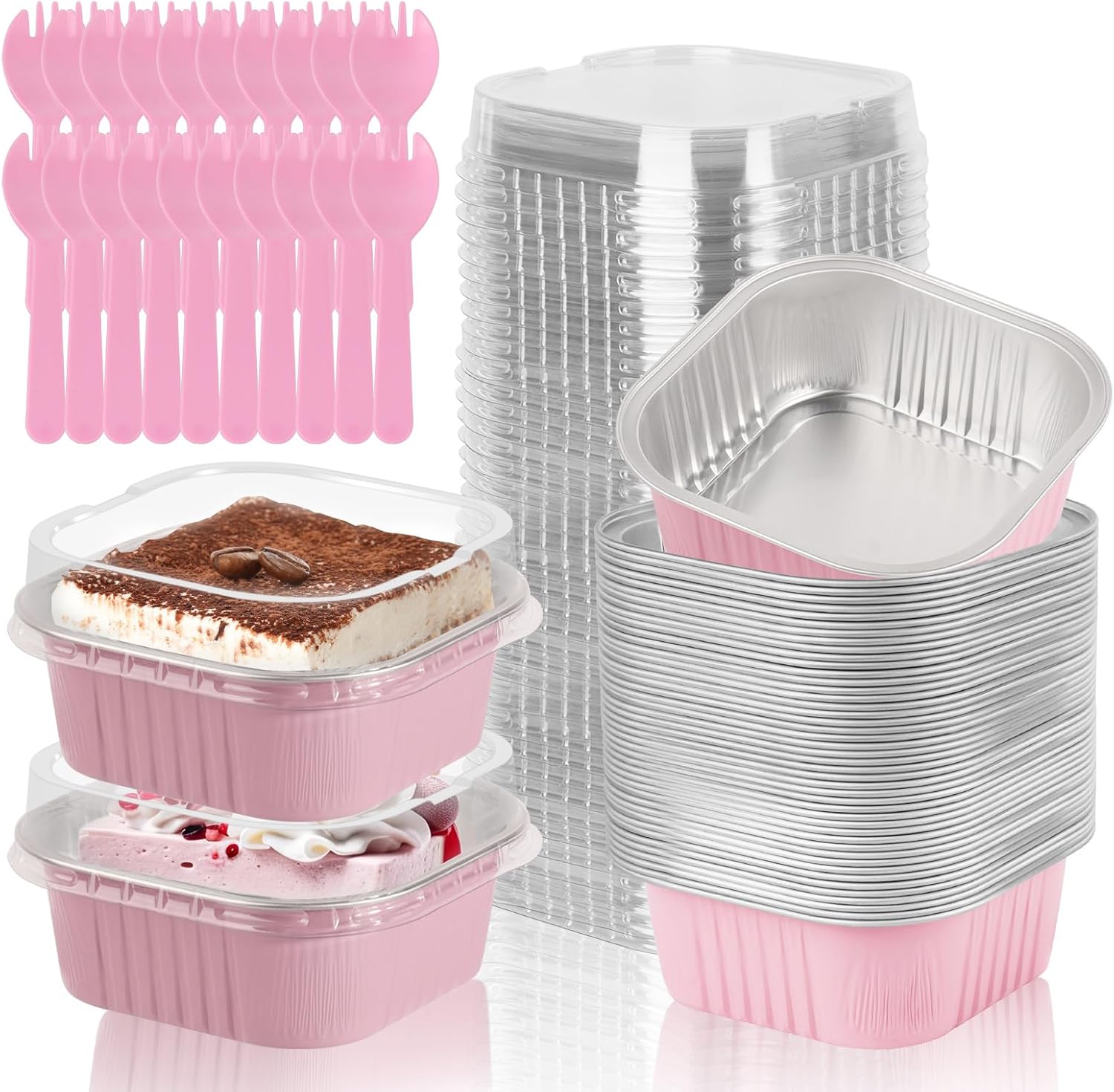 20 Pack 10oz Mini Cake Pans with Lids, 4.4x4.4 Inch Aluminum Foil Square Baking Cups with Spoons, Disposable Large Baking Cake Cup Containers with Lids for Party, Wedding, Birthdays, Pink