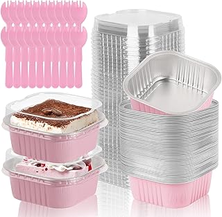 20 Pack 10oz Mini Cake Pans with Lids, 4.4x4.4 Inch Aluminum Foil Square Baking Cups with Spoons, Disposable Large Baking Cake Cup Containers with Lids for Party, Wedding, Birthdays, Pink