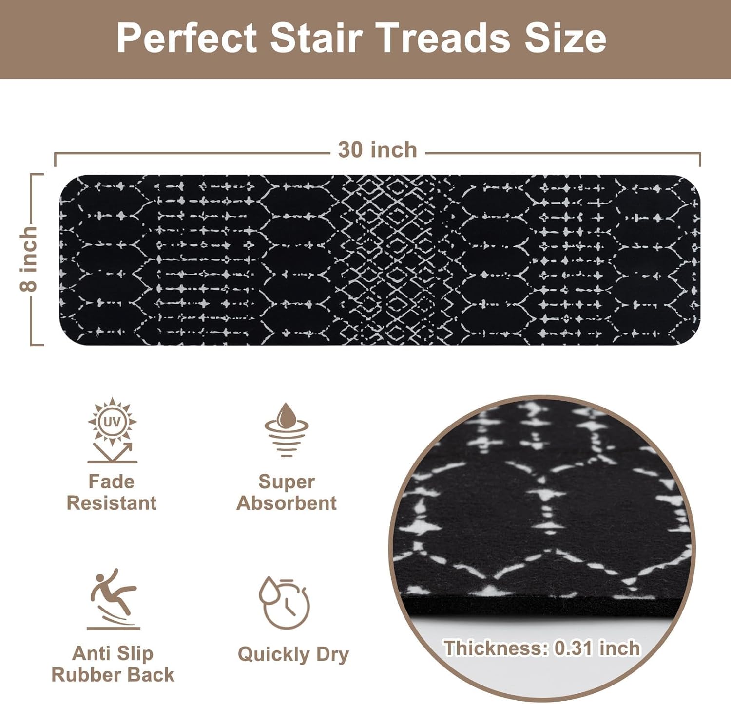 ojia stair treads non-slip stair runners for wooden steps indoor 15pcs 30"x8" carpet stair treads stair mats staircase step treads for kids, elders and dogs, stair covers, black 30" x 8" black/boho 15