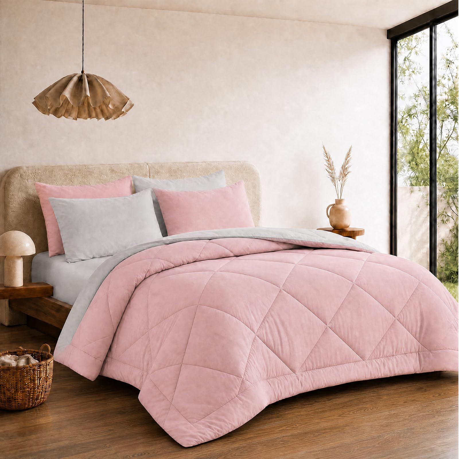 VelvetMis Coverless Duvet King Size 10.5 Tog - 230x 220cm, Pink Rose And Light Grey Quilt, Reversible Comforter with 2 Pillowcases