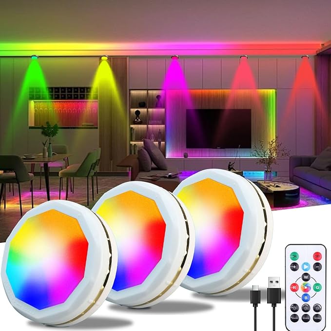 MODOAO MODOAO Onder kast keuken verlichting, 3 stuks RGB onder kast LED-verlichting, kleur veranderende oplaadbare puck lampen met afstandsbediening, dimbaar, met timer, voor keuken, kledingkast, slaapkamer