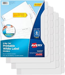 Avery Big Tab Printable White Label Dividers with Easy Peel, 8 Tabs, 4 Sets (14433)