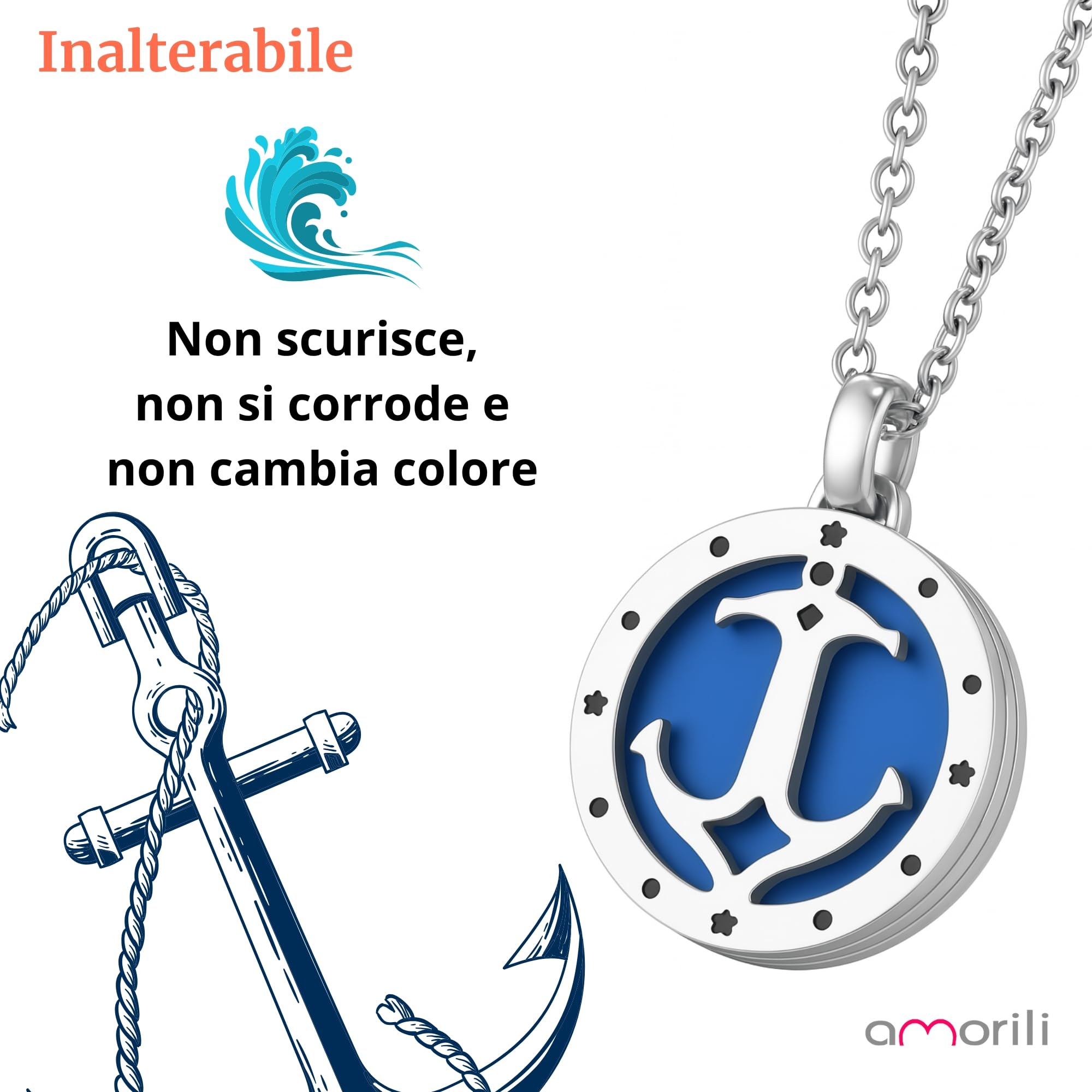 amorili Collana Uomo Acciaio Inox con Ancora e Bandiere Nautiche – Ciondolo Marina Militare Stile Nautico – Idea Regalo Elegante e Sportiva - cll0656b