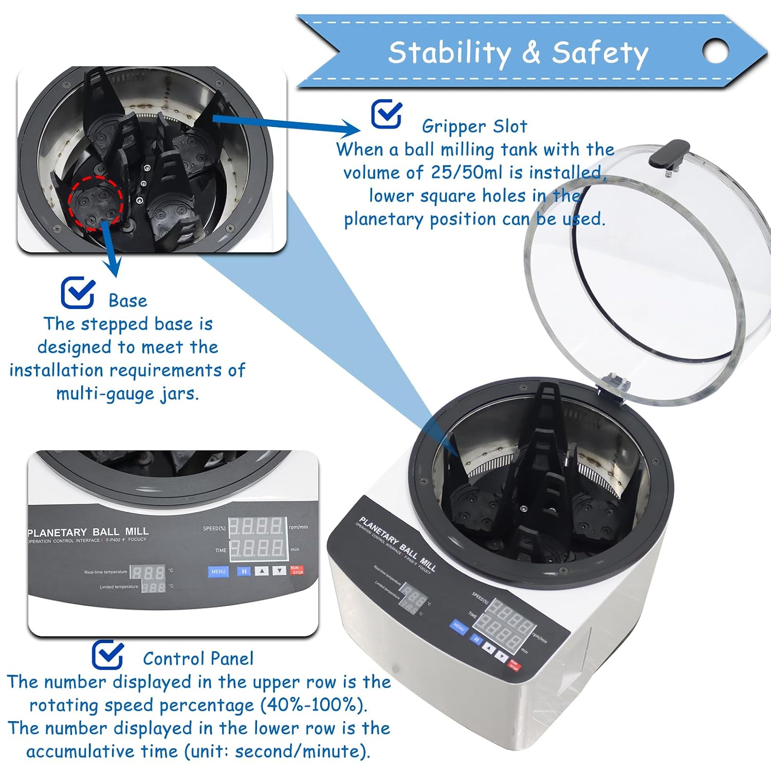 110V 150W Planetary Ball Mill, 4x100ml Jars Capacity (Jars & Balls Not Included), Lab Desktop Grinder for Dry/Wet/Vacuum Grinding, Digital Control, High-Speed Silent Operation