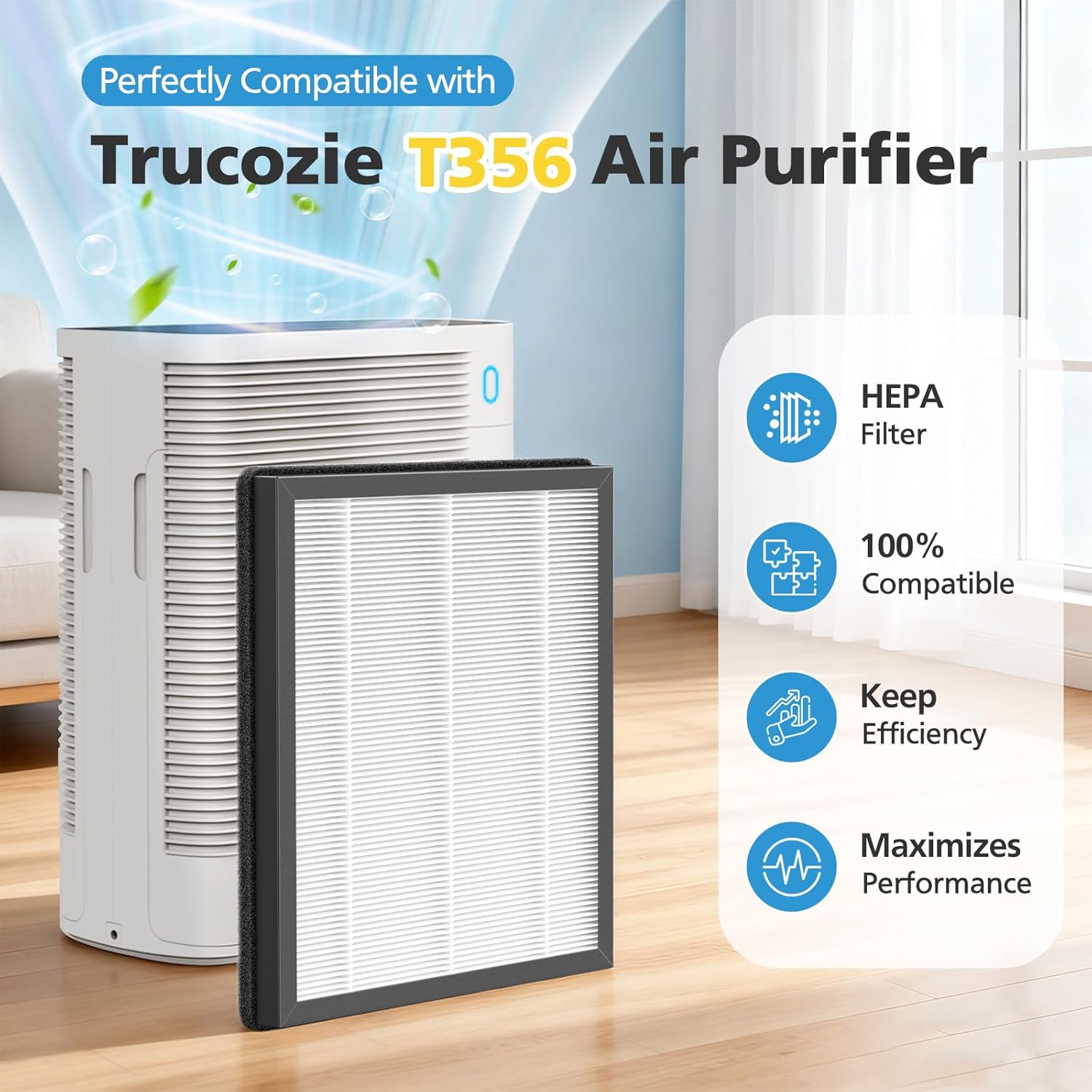 T356 Replacement Filter Compatible with Trucozie T356 Air Purifier, 3-IN-1 HEPA with High-Efficiency Activated Carbon Filter for Dust Pet Dander & Odors Smoke, 2 Pack - Image 2