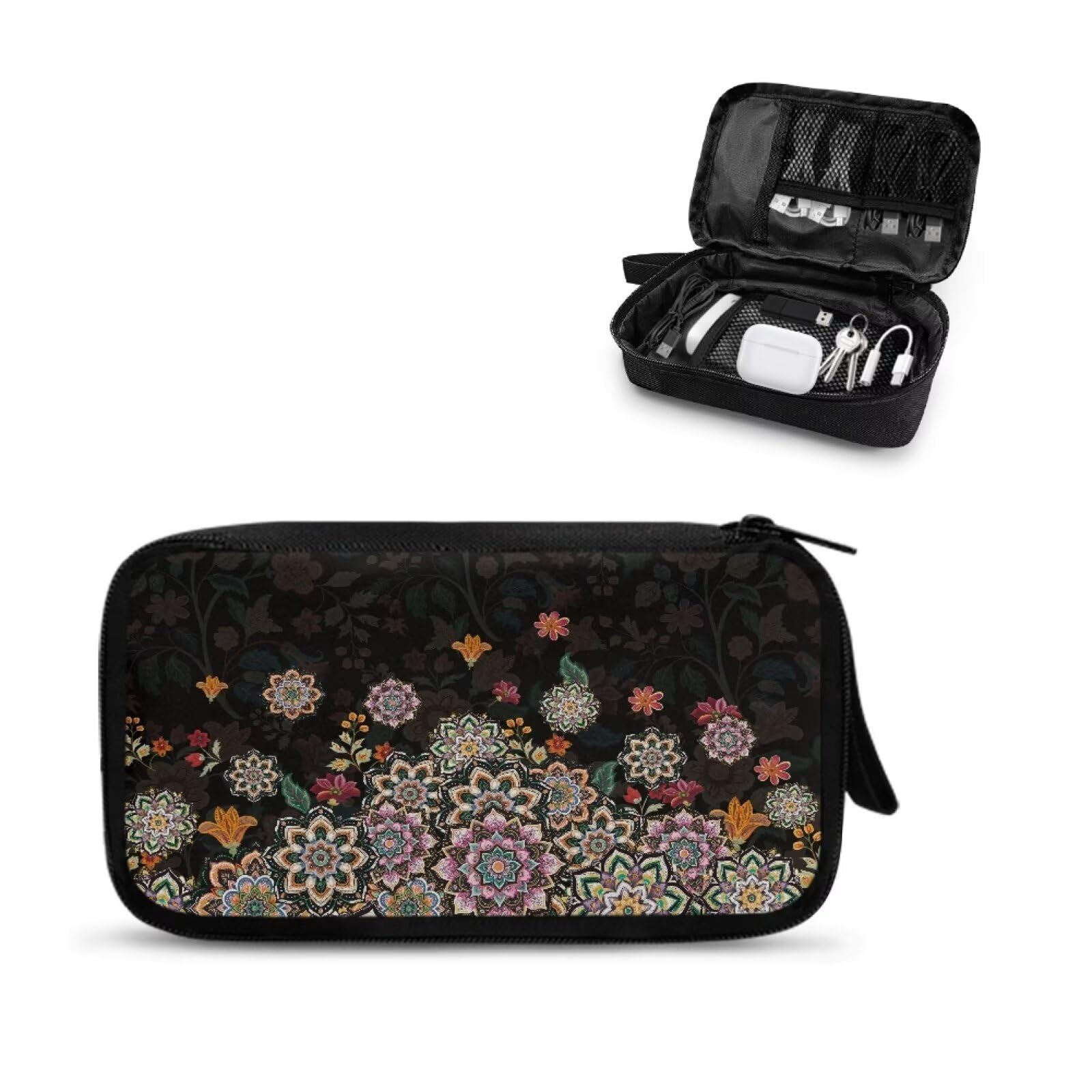 Sepetwhos Boho Flower Print Electronic Organizer Travel Universal Accessories Storage Bag Portable for Hard Drives, Cables, Memory Sticks, Charger,